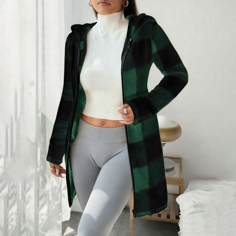 𧄠Rutig jacka för damer med huva och dragkedj