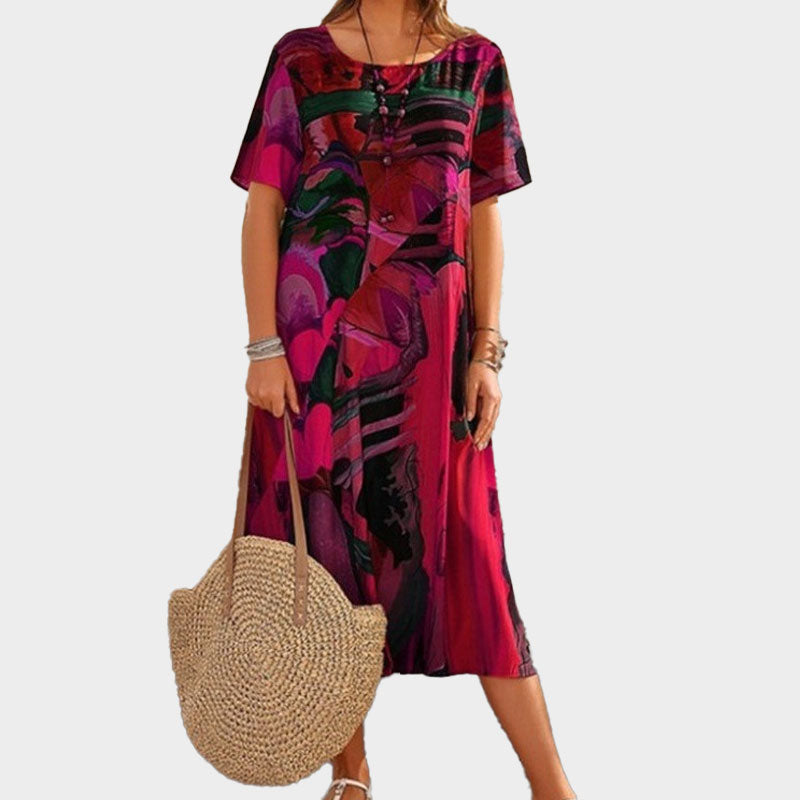 ⌛Begränsad tid, halva priset☀️💖Sommar Löst tryck Klänning | Rund hals Korta ärma🌸