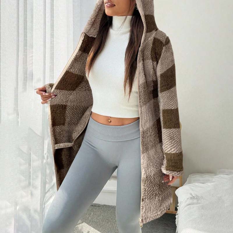 🧥 Rutig jacka för damer med huva och dragkedj