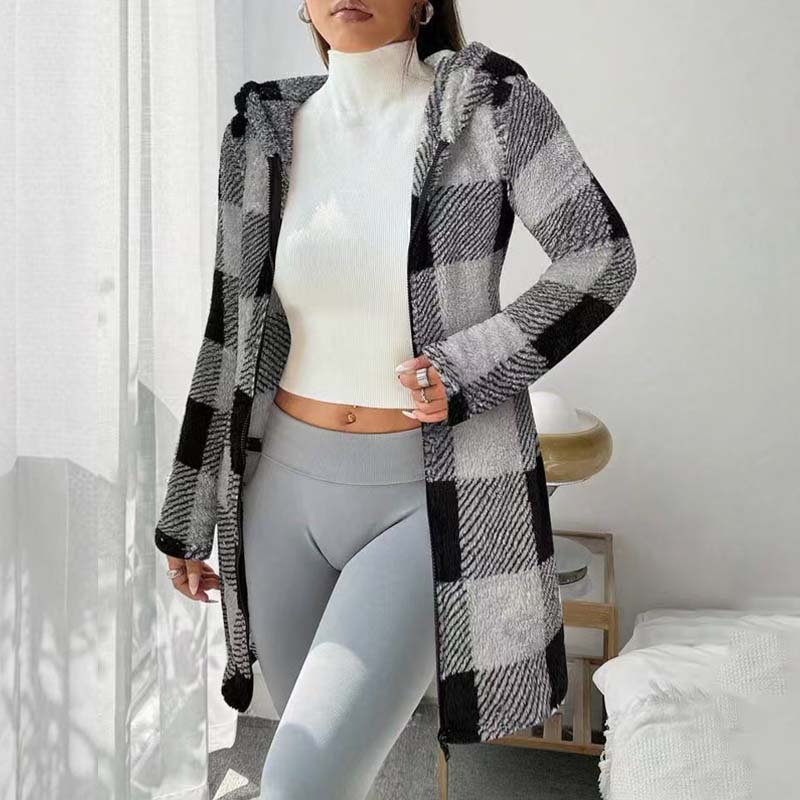 🧥 Rutig jacka för damer med huva och dragkedj