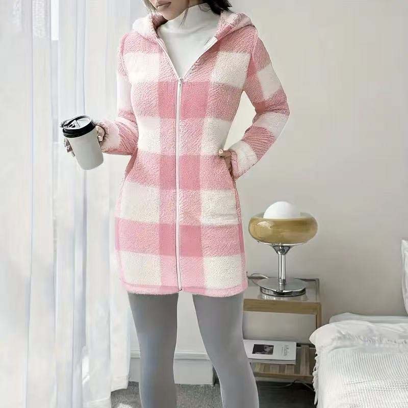 🧥 Rutig jacka för damer med huva och dragkedj