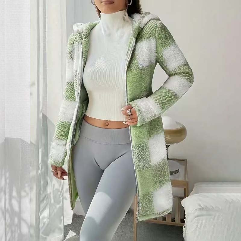 🧥 Rutig jacka för damer med huva och dragkedj