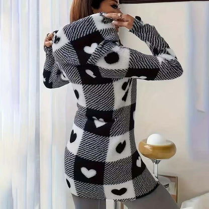 🧥 Rutig jacka för damer med huva och dragkedj