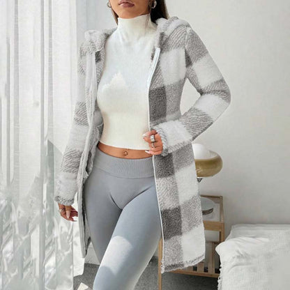 🧥 Rutig jacka för damer med huva och dragkedj