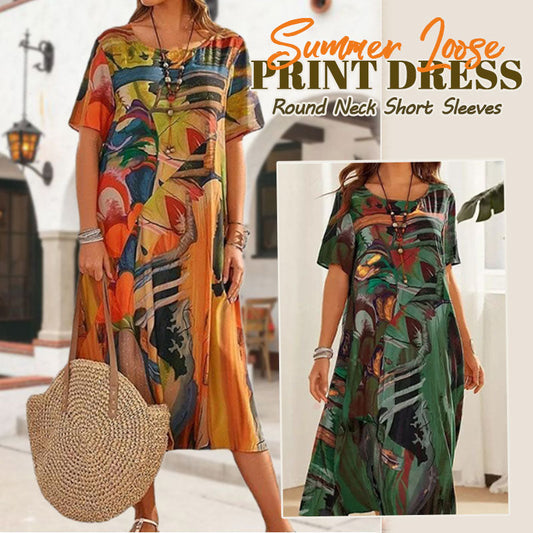 ⌛Begränsad tid, halva priset☀️💖Sommar Löst tryck Klänning | Rund hals Korta ärma🌸