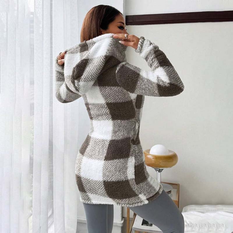 🧥 Rutig jacka för damer med huva och dragkedj