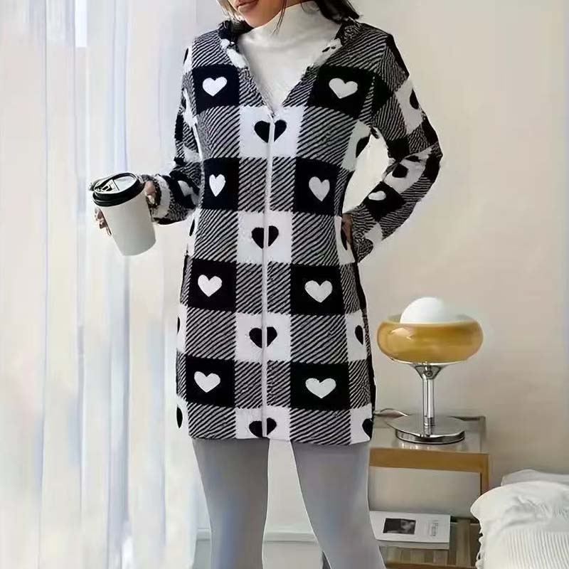 🧥 Rutig jacka för damer med huva och dragkedj