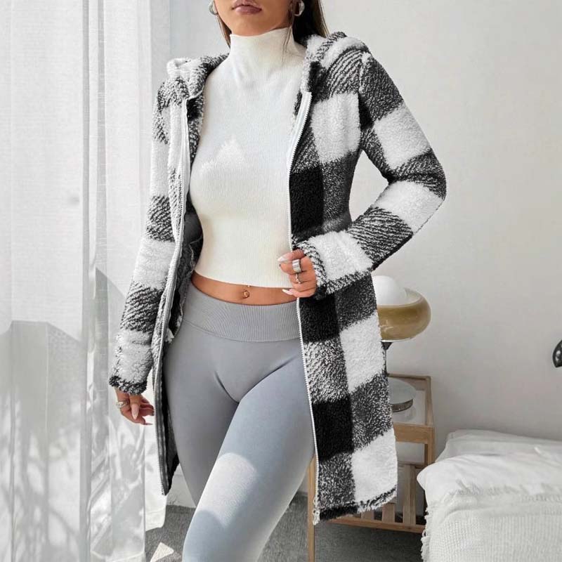 🧥 Rutig jacka för damer med huva och dragkedj