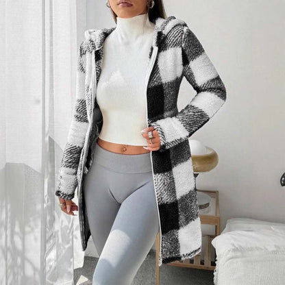 🧥 Rutig jacka för damer med huva och dragkedj