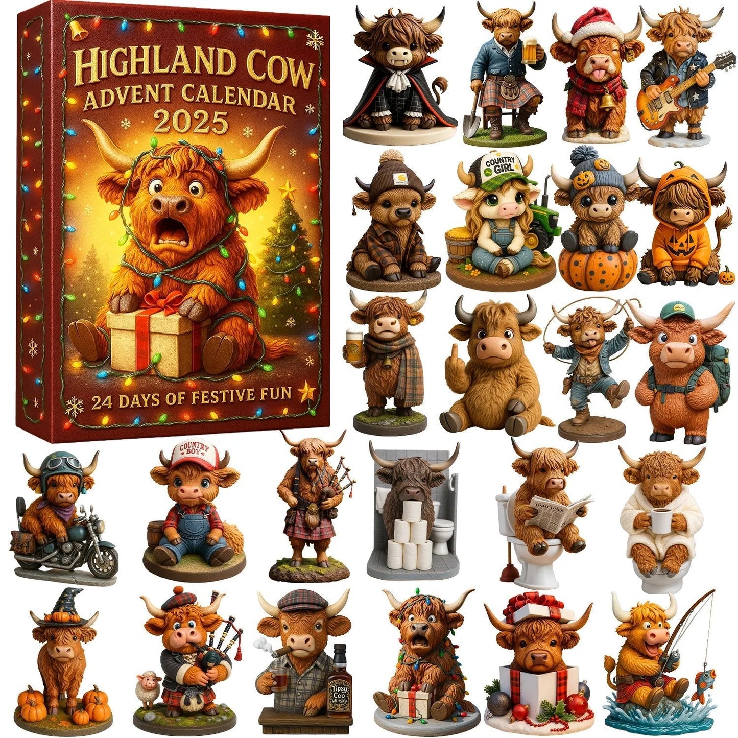 🐮Highland Ko Adventskalender 2025🎄 - 3D handgjord Highland Ko Docka (24 bitar)